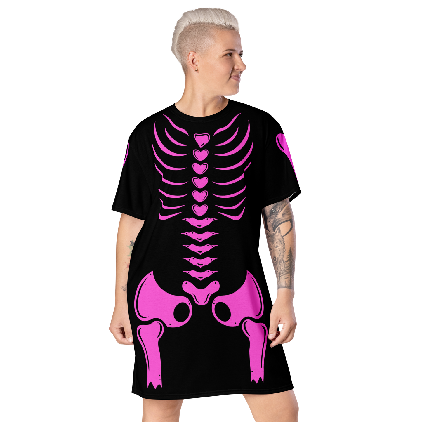 Pink Skeleton - Women’s Black Halloween T-shirt Dress