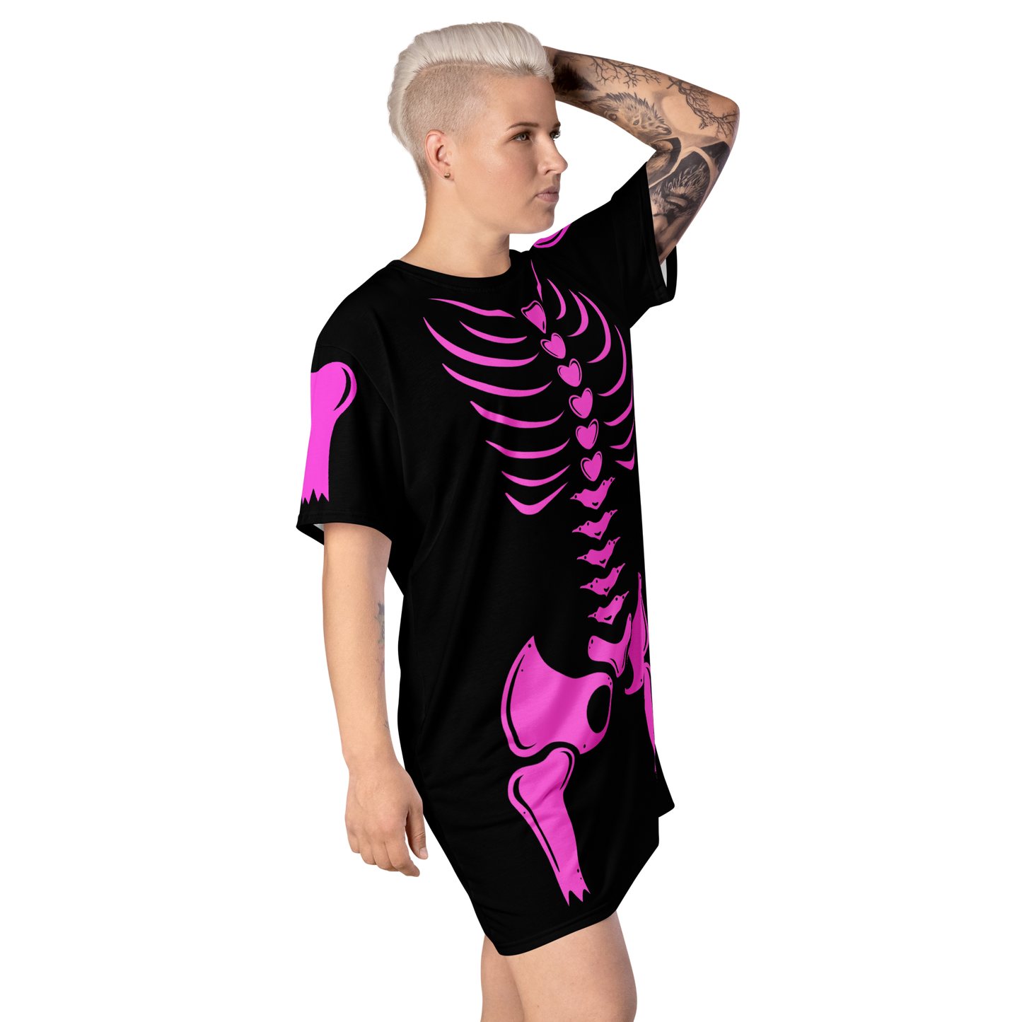 Pink Skeleton - Women’s Black Halloween T-shirt Dress